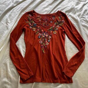 Johnny Was Orange Floral Embroidered Long Sleeve Boho T-Shirt Blouse XS
